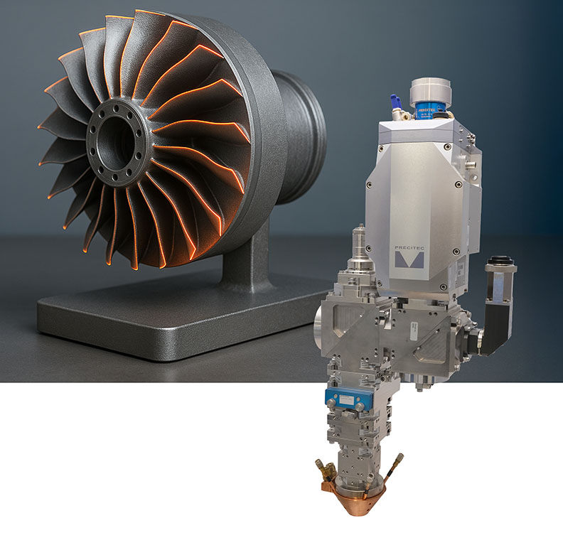 Bearbeitungskopf zum Laserauftragschweißen mit variablen Spurbreiten und Musterteil